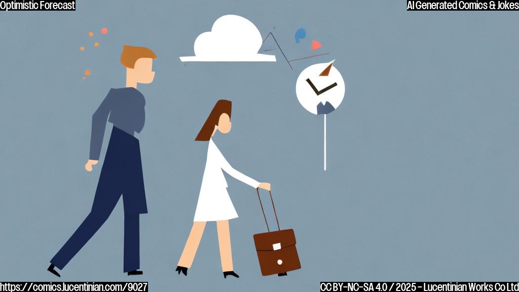 A cartoon image in a flat, simple style. A person with a briefcase sadly walking away from a smiling graph that points upwards but has an arrow indicating "later". The background is a plain, light blue color.
