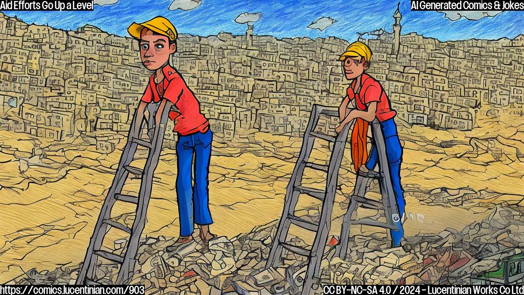 Draw a plain color cartoon style picture of a person from a humanitarian organization holding a ladder, with a serious expression on their face and the Gaza Strip landscape in the background.