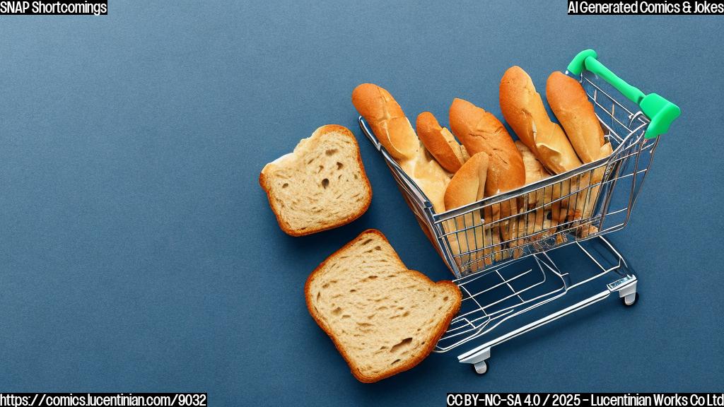 Cartoon style image of a nearly empty shopping cart with a single loaf of bread and a sign saying "SNAP Accepted". The background is a plain light blue color.