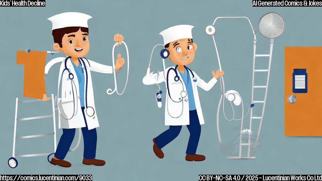 Cartoon illustration of a doctor wearing a lab coat and stethoscope, carrying a ladder towards a building with a sign that reads "Pediatrics". The sky is a plain light blue. The style is simple and cartoony, with flat colors and no gradients.