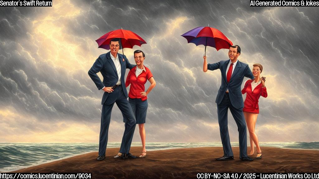 A cartoon drawing. A generic, smiling senator with slicked-back hair and a slightly surprised expression standing on a sunny beach in a tropical shirt, holding a tiny umbrella. Behind him, dark storm clouds gather ominously on the horizon. The senator is looking back nervously towards the storm clouds. The overall style is simple and brightly colored.