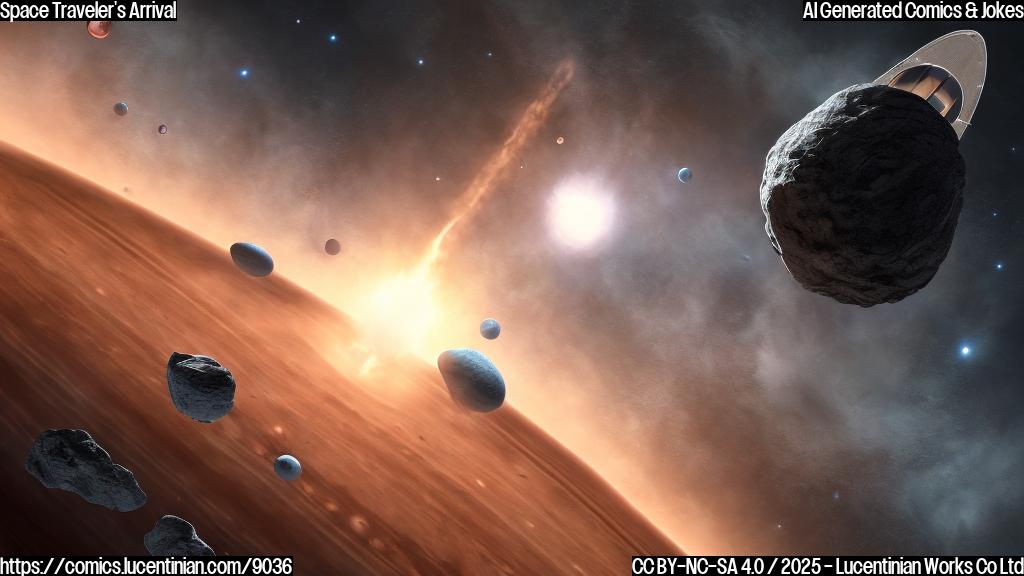 Create a simple, plain color cartoon of a dark grey interstellar object shaped like a rough asteroid with a slightly frustrated expression "driving" through a crowded solar system filled with colorful planets of various sizes. The asteroid has small rocket boosters attached to its sides, humorously struggling to navigate.
