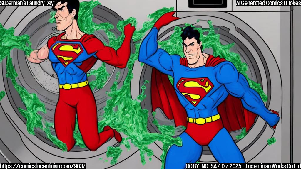 A cartoon drawing of a superhero in a red and blue suit, looking distressed next to a washing machine overflowing with soapy green water. The superhero has black hair and a strong jaw. The washing machine is old and beat-up, with a sign that says "Kryptonite Detergent Only."