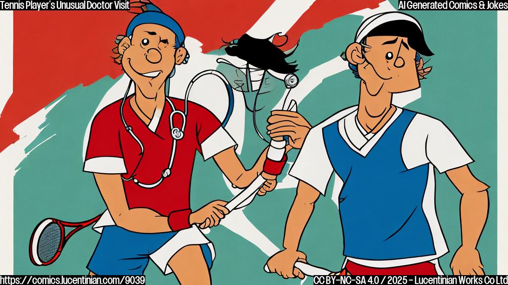 A simple, plain color cartoon of a tennis player with a red headband awkwardly carrying a ladder into a doctor's office with a stethoscope on the door. The tennis player has a visible arm bandage. The style is minimalist and focuses on clear shapes and bright, solid colors.