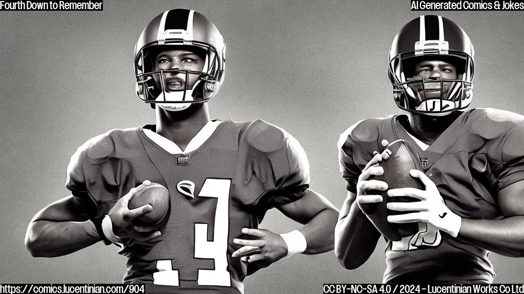 Draw a cartoon of a football player (Cam) holding a football, looking disappointed and regretful, with a fumbled ball rolling away from him in the background, surrounded by a shadow of a scoreboard showing 28-23.