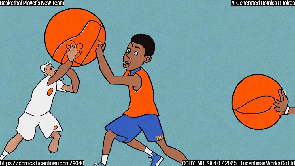 a simple cartoon drawing of a basketball player with an orange basketball under his arm, looking confused at a large paper map. The player is wearing a blue and orange uniform. The background is a plain light blue.