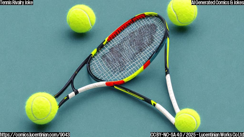 A cartoon style image. A sad tennis ball looking away from an angry tennis racket with broken strings. The background is a plain green color.