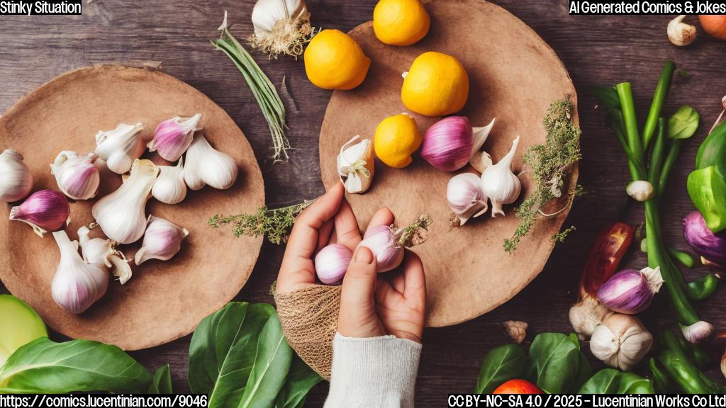 A person happily holding a clove of garlic with a big smile on their face, surrounded by fresh fruits and vegetables, with a subtle glow effect to represent good health.