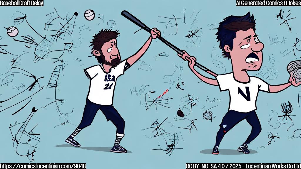 Cartoon image of a stressed-looking baseball team manager with messy hair, pacing back and forth in front of a whiteboard covered in stats and names, contrasting two stick figures, one throwing a baseball and the other swinging a bat. The background is a simple, plain light blue.