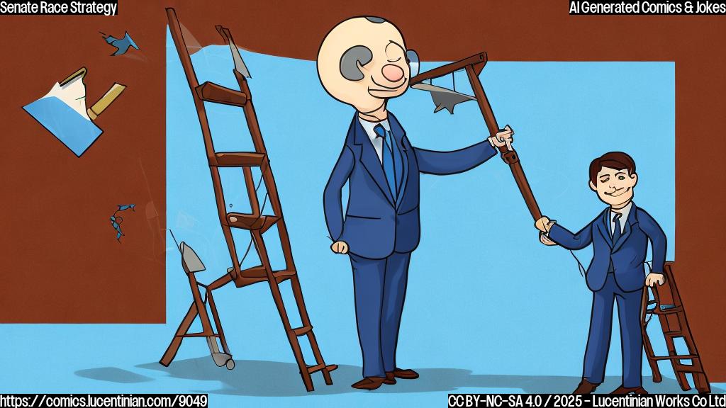 a political strategist with short brown hair, wearing a blue suit, holding a ladder against a giant poll with cartoon style up and down arrows, plain light blue background
