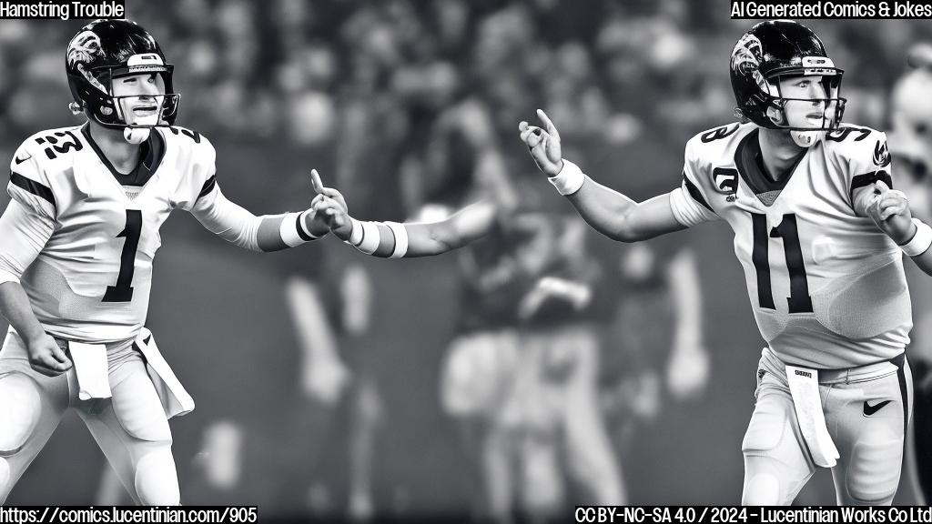 A partially torn hamstring and a dramatic flair, please draw a cartoon style picture of a quarterback with a big smile on his face, holding an imaginary microphone, with a medical staff in the background taking notes and looking concerned.