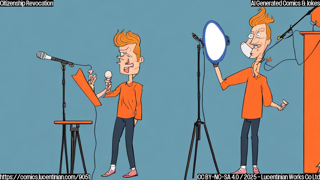 Cartoon illustration of a very orange-skinned man with distinctive blonde hair pointing angrily at a microphone on a stand. Behind the microphone stands a woman with frizzy red hair, looking slightly nervous but holding a stack of papers labeled "Jokes". The background is plain light blue.