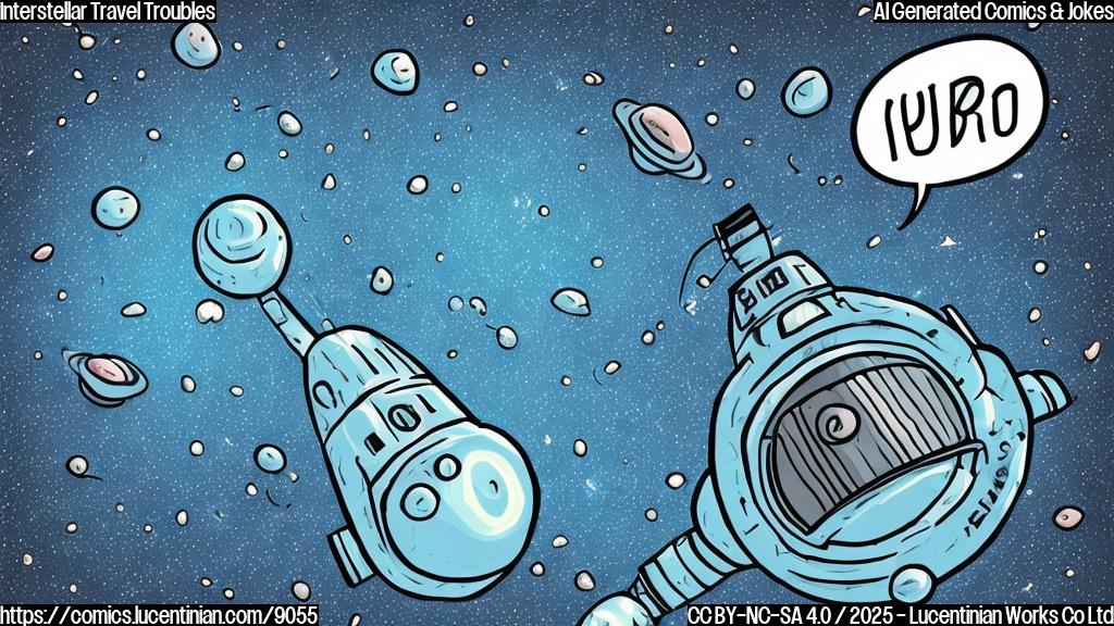A cartoon-style drawing on a plain blue background. The image depicts a confused-looking, rocky interstellar object with a small speech bubble saying "No space cash!".