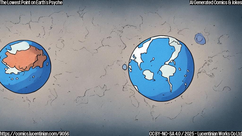 A cartoon-style illustration of a blue, spherical character with a sad face, representing the deepest part of Earth, sitting on a couch in a therapist's office, surrounded by rocky mountains and a faint image of Mount Everest in the background. The character is holding a small, crumpled piece of paper with a thought bubble above its head, containing the words "I'm feeling down" written in a messy, handwritten font.