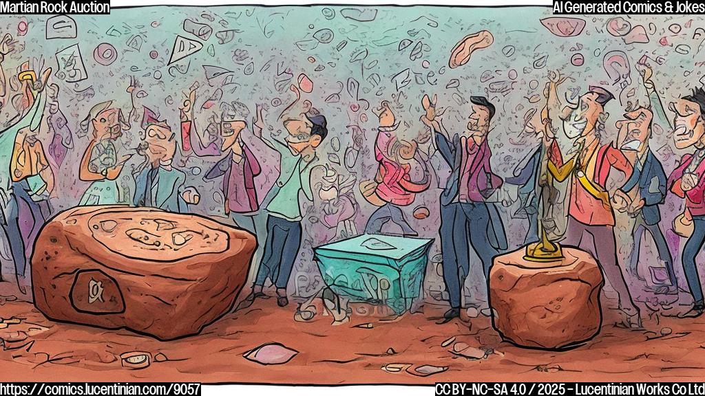 A cartoon drawing of a large, reddish-brown rock with craters, displayed on a pedestal in a brightly lit auction room. People in the background are wearing fancy clothes and holding up bidding paddles. The rock has a small sign next to it with a dollar symbol. The style is simple and colorful, with a focus on clear shapes and bright colors.
