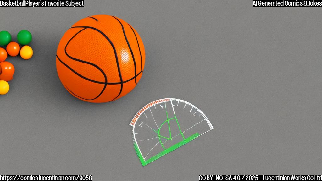 A simple cartoon of an orange basketball with a protractor next to it. The background is a plain green color.