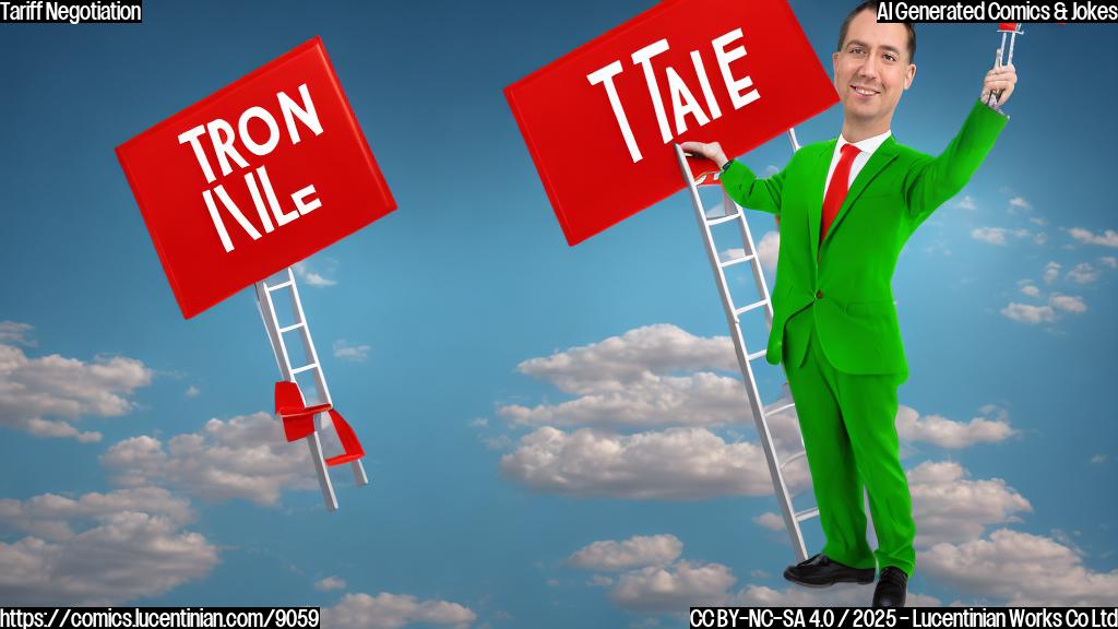 Cartoon style image of a green suited investor holding a ladder towards a floating red tariff sign in the sky. The background is a plain light blue.