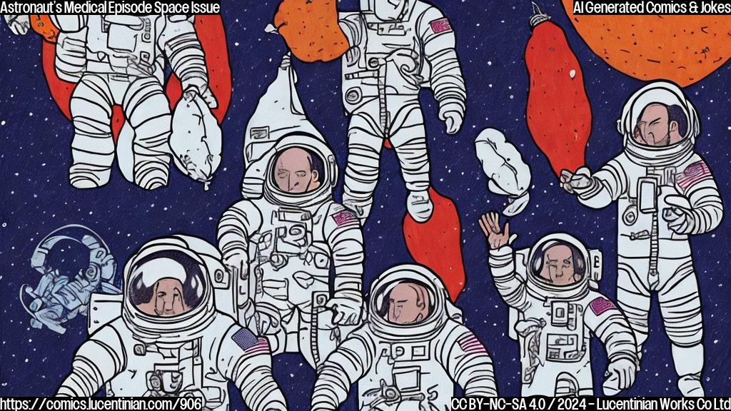 Draw a plain color cartoon style picture of 3 astronauts with different facial expressions, one looking concerned and holding a pillow, another looking frustrated and throwing hands up in the air, and the third one looking relieved and smiling.