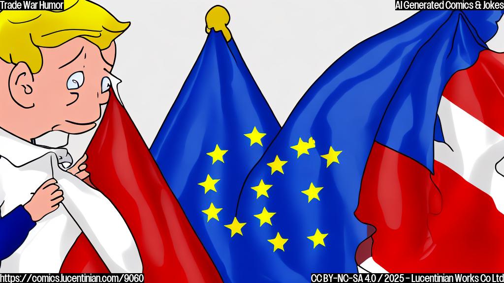 Cartoon image of the European Union flag sadly wiping tears with a giant handkerchief, with the American flag standing nearby looking smug. Plain color background.