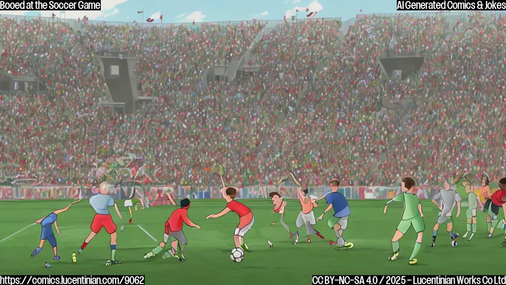 A plain cartoon of a soccer stadium crowd with simple stick figure people. One man in the center wearing a bright red baseball cap with a long white text on it, is being booed by the surrounding crowd. The background is a simple green soccer field.