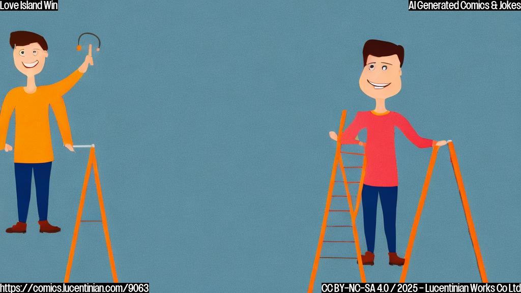 A brightly colored, simple cartoon of a generic, smiling person holding a ladder. The background is a plain light blue. The style is minimalist and cheerful.