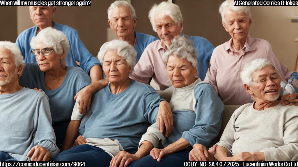A group of older adults sitting on a couch, looking tired and in discomfort, with one of them rubbing their back. The background is a gentle, soothing color scheme with warm lighting.
