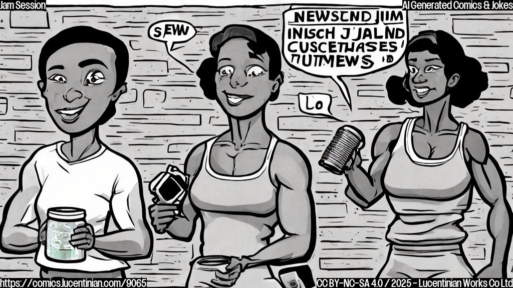 A cartoon image of a muscular athlete holding a jar of jam in one hand and a microphone in the other, standing in front of a wall with news headlines scrolling by.