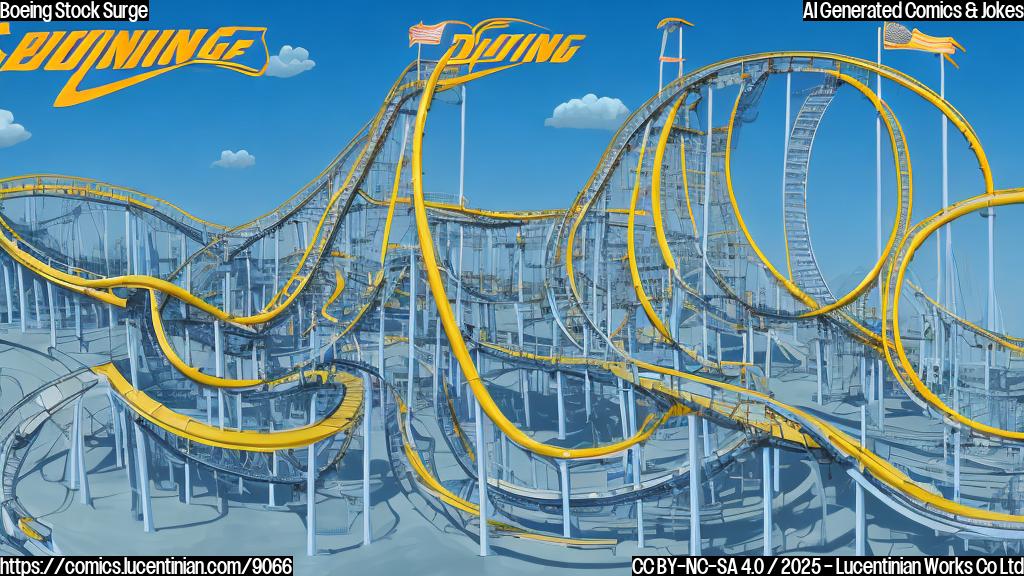 Cartoon depicting a rollercoaster representing Boeing stock. The rollercoaster car is initially going down a steep drop labeled "Crash Report," but then immediately shoots upwards on an incline labeled "Pilot Error Relief." The background is a plain light blue.