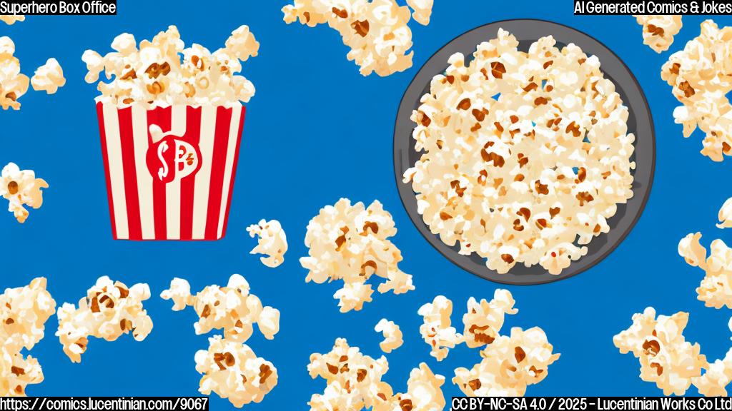 A minimalist cartoon image with a bright, solid blue background. In the center, a stylized popcorn bucket with the word "$$$" written on it, overflowing with popcorn.