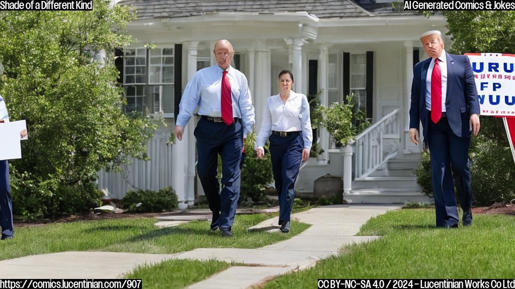 a stern-looking government official with a clipboard is shown standing next to a home with a Trump sign on the lawn, while another official is walking away from the house looking uncomfortable