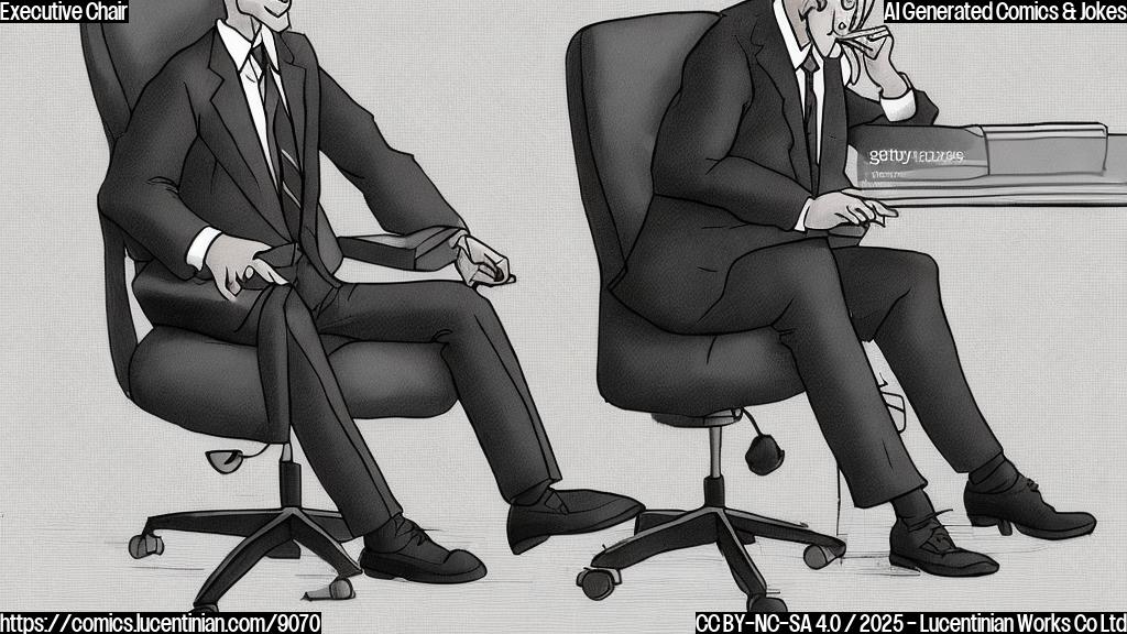 Plain color cartoon style image. A sad looking man in a dark business suit standing next to an empty office chair. The chair is slightly tilted over.