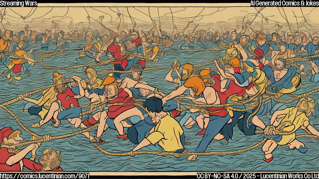 A cartoon-style plain color image of two simple shapes, one representing an animated comedy show and the other a streaming service, pulling a rope in opposite directions during a tug-of-war. The background is a single, flat color.