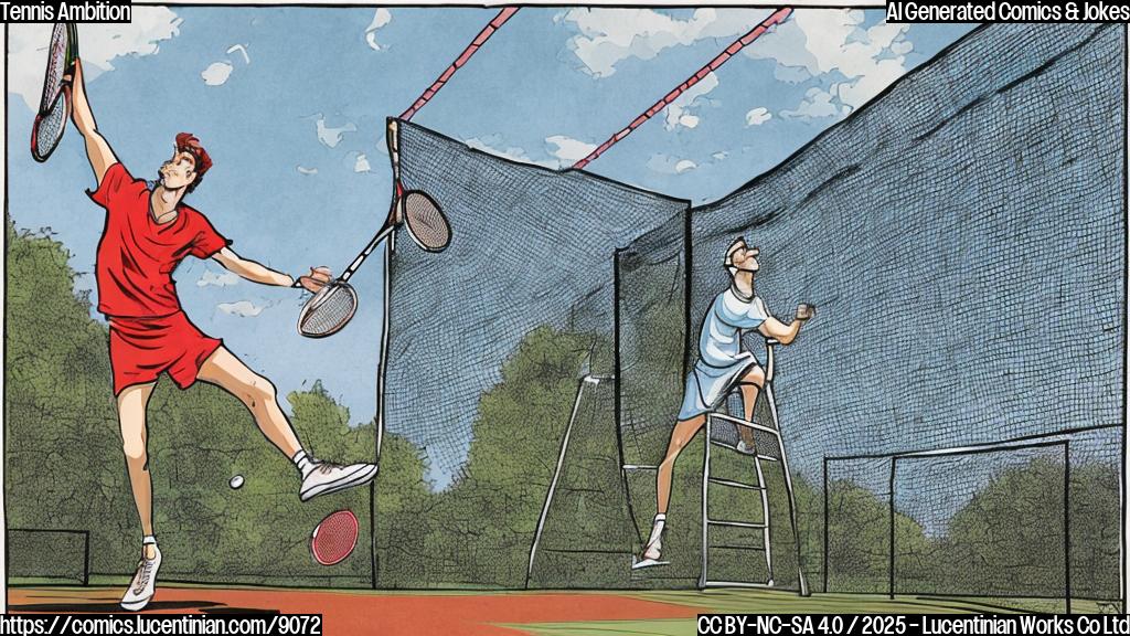 A plain color cartoon style picture of a tennis court with a very tall net. A tennis player with red hair and a focused expression is trying to climb a ladder to reach the top of the net. The sky is blue and cloudless.