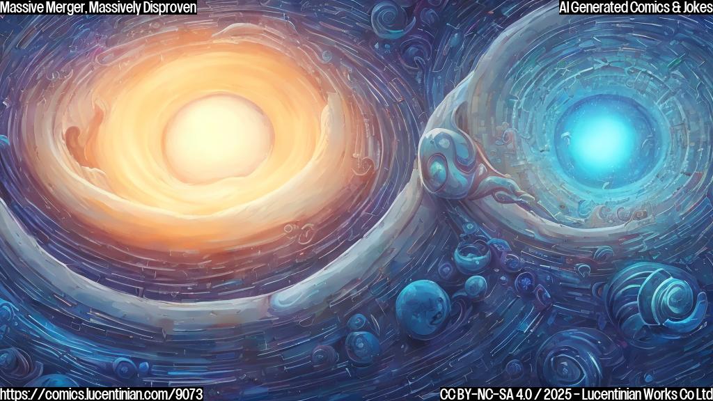 Illustrate a stylized cartoon of two enormous, swirling space vortexes crashing into each other, with a giant "X" marked through a smaller, more modest-looking black hole in the background, surrounded by ripples and distortions in spacetime.