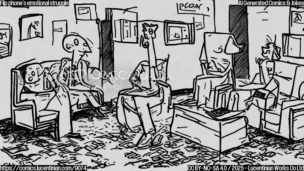 Draw a simple, cartoon-style picture of a person sitting on a therapist's couch with a flip phone in hand. The person should be depicted with a mix of sad and confused expressions, while the flip phone has a speech bubble with the text "I have a lot of folded emotions to work through!".