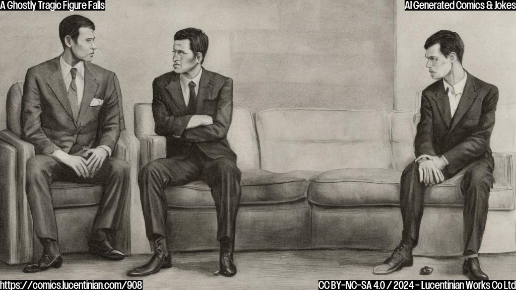 a middle-aged man with a gaunt face and sunken eyes is sitting on a therapist's couch, while a younger version of the same man stands in front of them, looking concerned