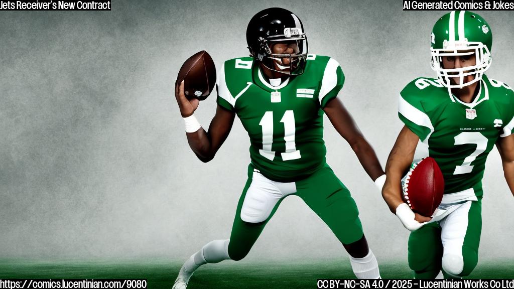 A cartoon football player in a green and white uniform catching a football with dollar signs on it. He is smiling. The background is a plain blue color.