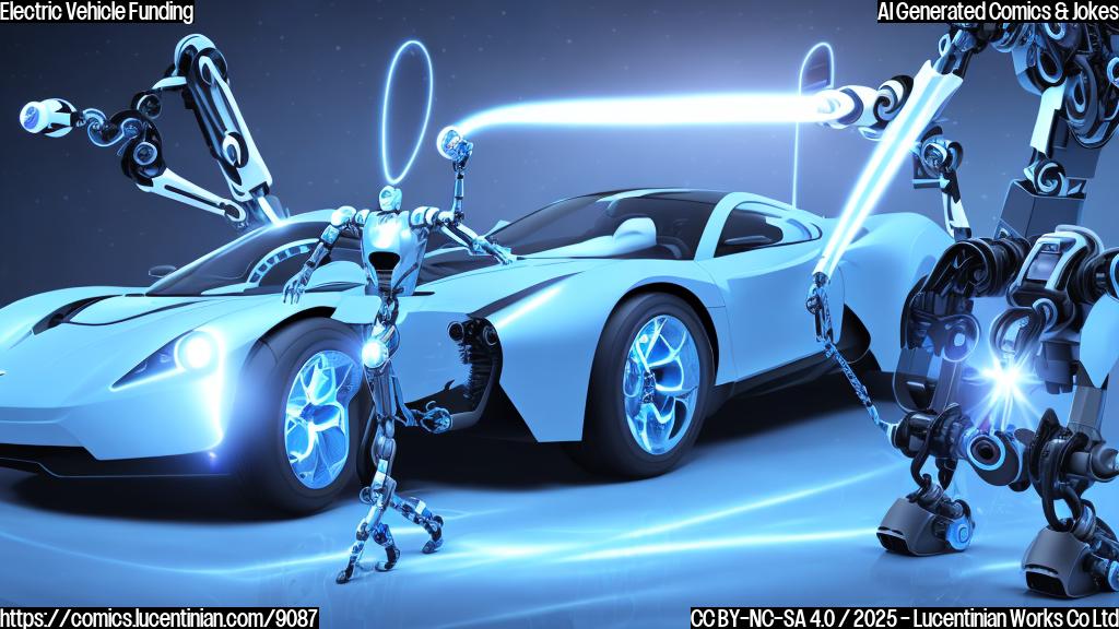 A minimalist cartoon image. A very simple robot with glowing blue eyes is facing a sleek, futuristic electric car. The robot is holding out an open hand towards the car. The background is a plain, light blue color.