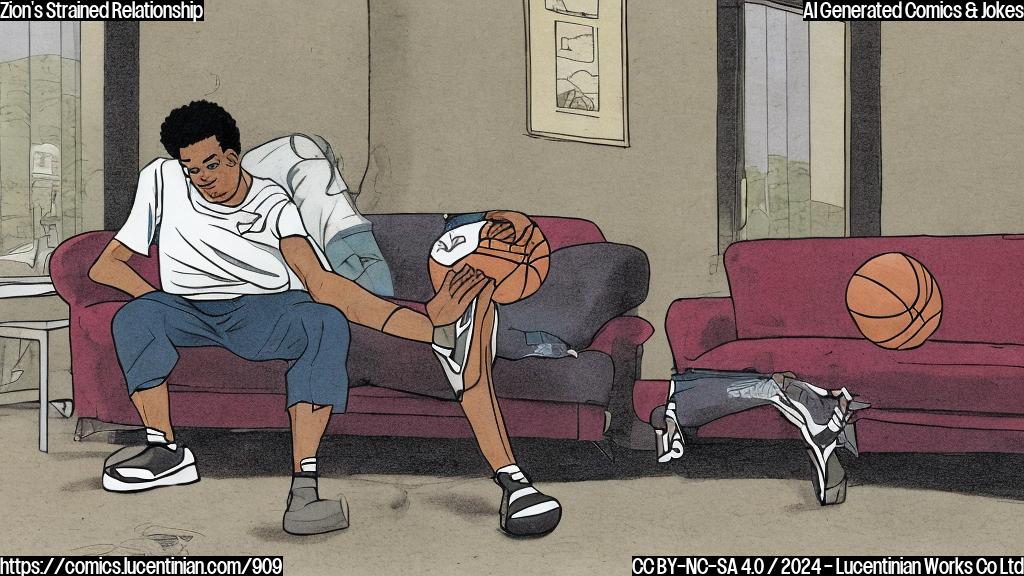 A cartoon of a person (Zion) sitting on the couch with their leg stretched out in front of them, looking frustrated. The surrounding room is dimly lit and there are sports equipment scattered around, symbolizing Zion's strained relationship with his body as a result of his injury.