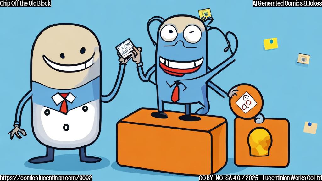 A cheerful, anthropomorphic computer chip with a friendly smile holding a tiny passport, set against a plain blue background in a cartoon style.