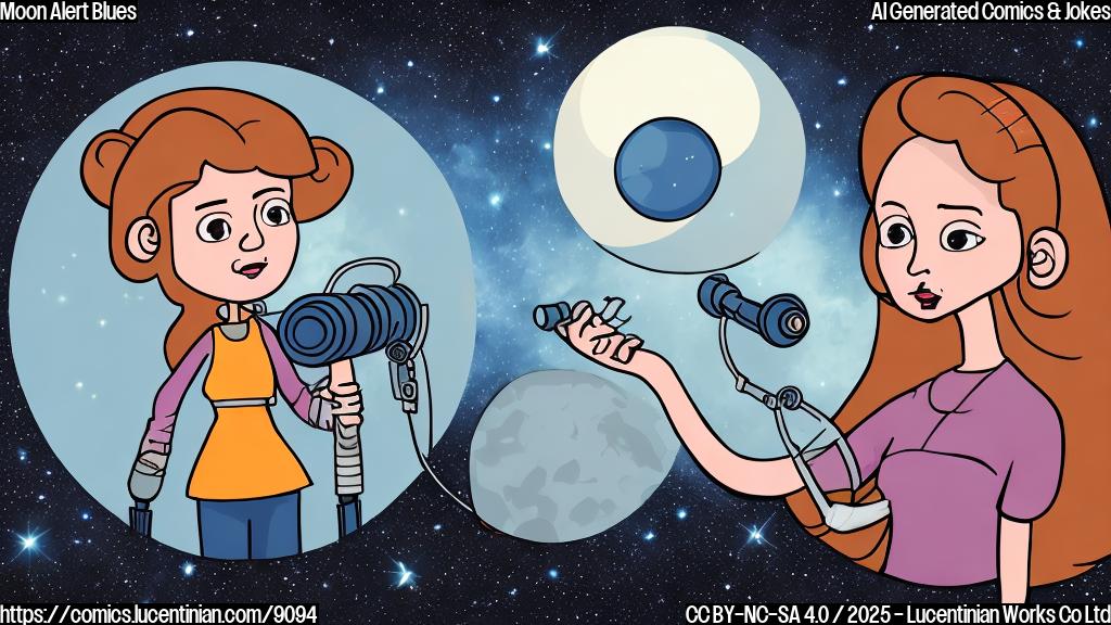 Cartoon image of a confused-looking astrologer with a telescope under her arm, standing outside a store labeled "Galactic Gadgets". A thought bubble above her head shows a sad face. The background is a plain, light blue color. Simple cartoon style, no brand names.