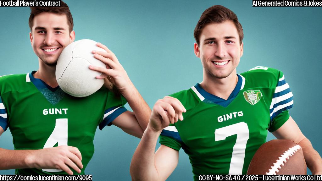 a cartoon-style image showing a football player with brown hair wearing a green jersey, happily signing a contract with a giant pen, on a desk with a football on it. The background is a plain light blue.