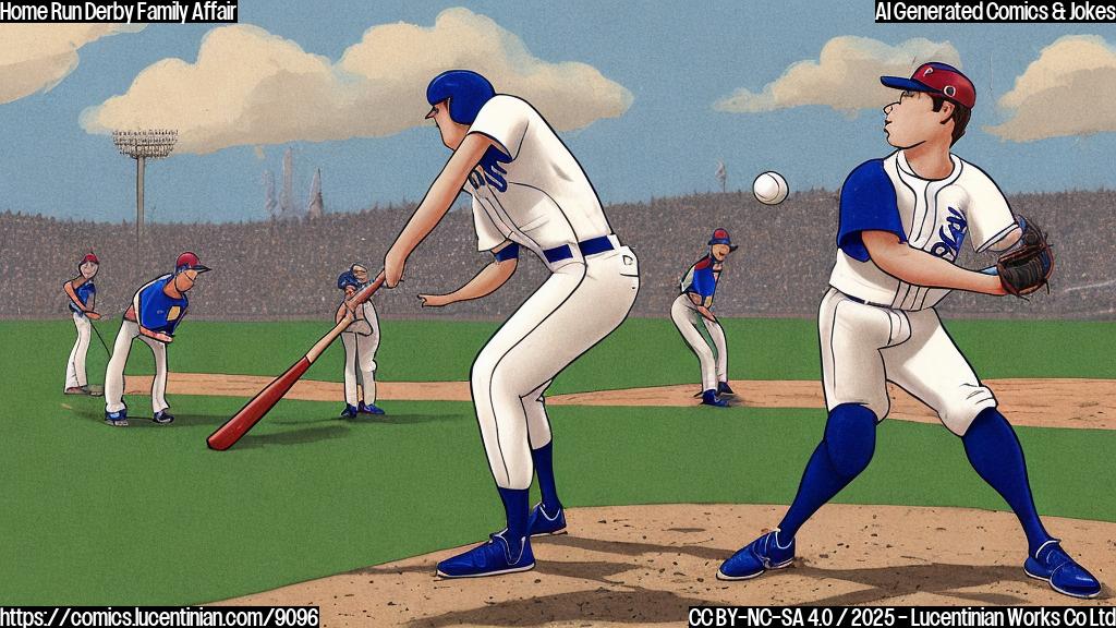 A cartoon image of a baseball field. A large adult with a baseball bat stands near home plate, swinging at a ball. A slightly smaller adult is pitching the ball from the pitcher's mound. A child in catcher's gear is behind home plate. The background is a solid light blue. The style is simple and cartoonish.