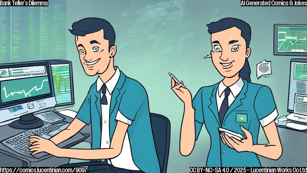 Cartoon style image of a bank teller with exaggerated sweat drops rolling down their face, looking anxiously at a computer screen displaying stock charts trending downwards. The teller is wearing a green uniform with a name tag that says "Teller". The background is a simple, plain light blue.