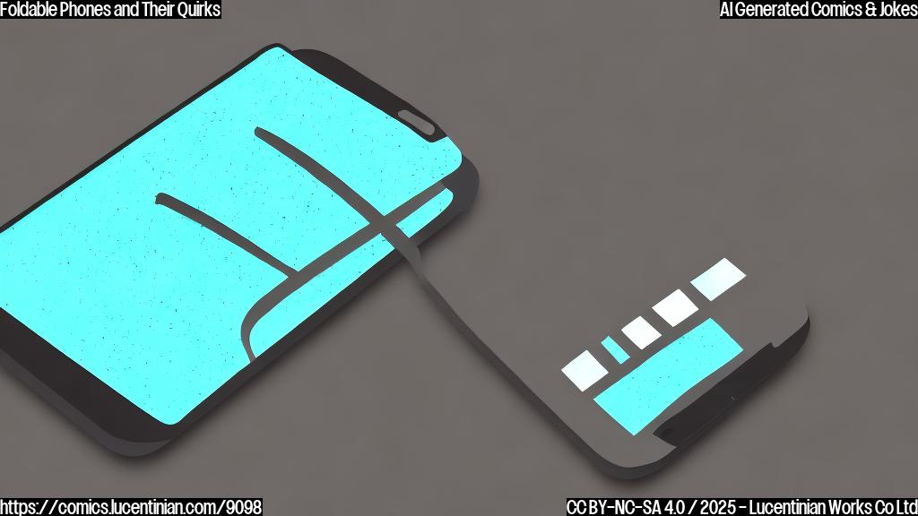 A plain color cartoon style image of a frustrated-looking smartphone with a noticeable crease down the middle of its screen. The phone is sweating and has a worried expression. Background is a solid light blue.