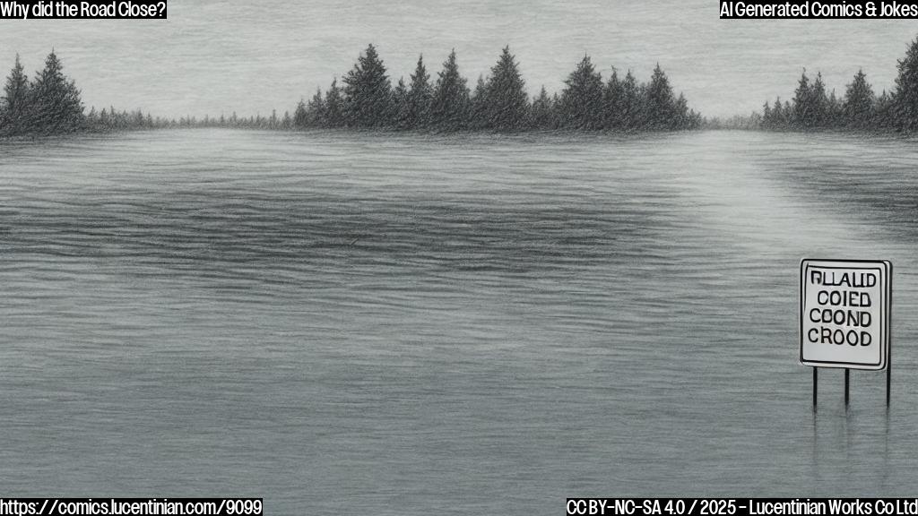 A cartoon style drawing of a flooded road with a road closed sign next to it. The water is a light blue color and the sky is gray and cloudy.