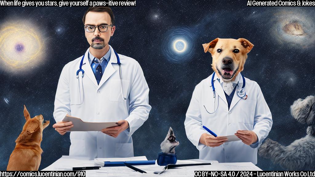 A cartoon style picture of an anthropomorphic dog (with a tiny astrological chart in hand) looking at a vet with a concerned expression, while the vet is scribbling on a clipboard with a puzzled look. The background is a blurred-out starry night sky.