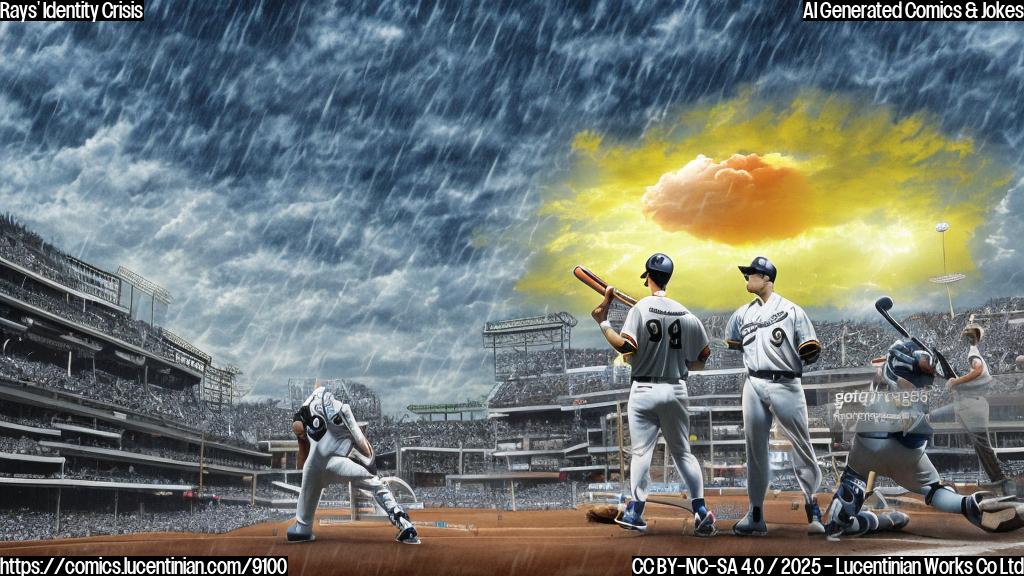 Cartoon drawing of a baseball stadium under a bright sun with rays of light, but also with a giant rain cloud hovering over it. A confused baseball fan is standing in the foreground, holding both an umbrella and wearing sunglasses. Plain color style.