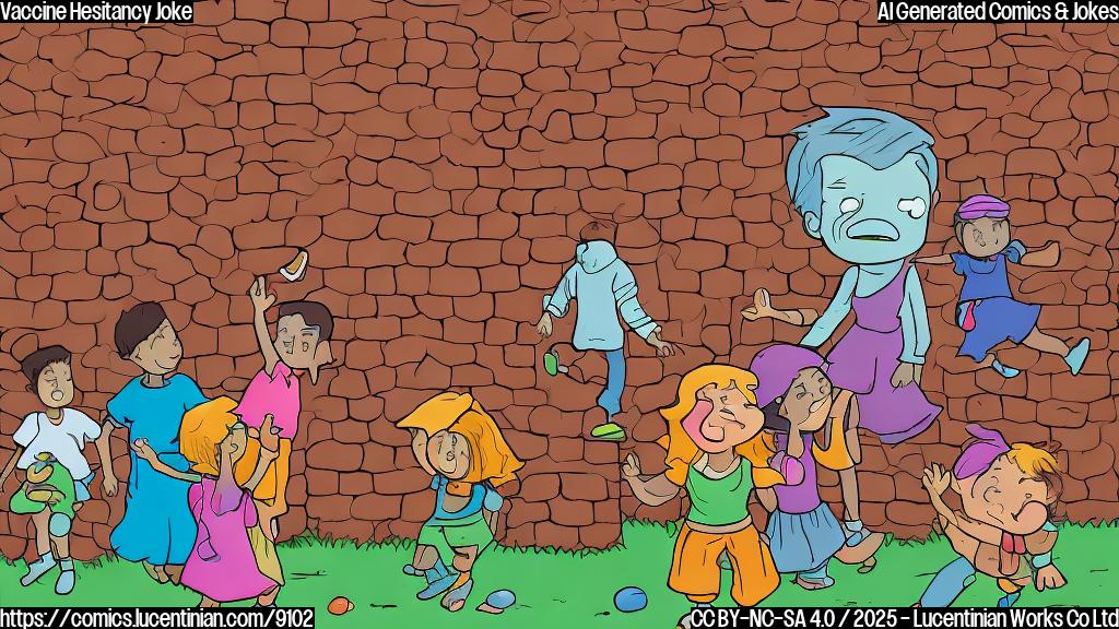 A plain color cartoon style image depicting a sad looking germ character hiding behind a brick wall with some happy children playing on a playground in the background. The children are glowing with bright colors representing their immunity.