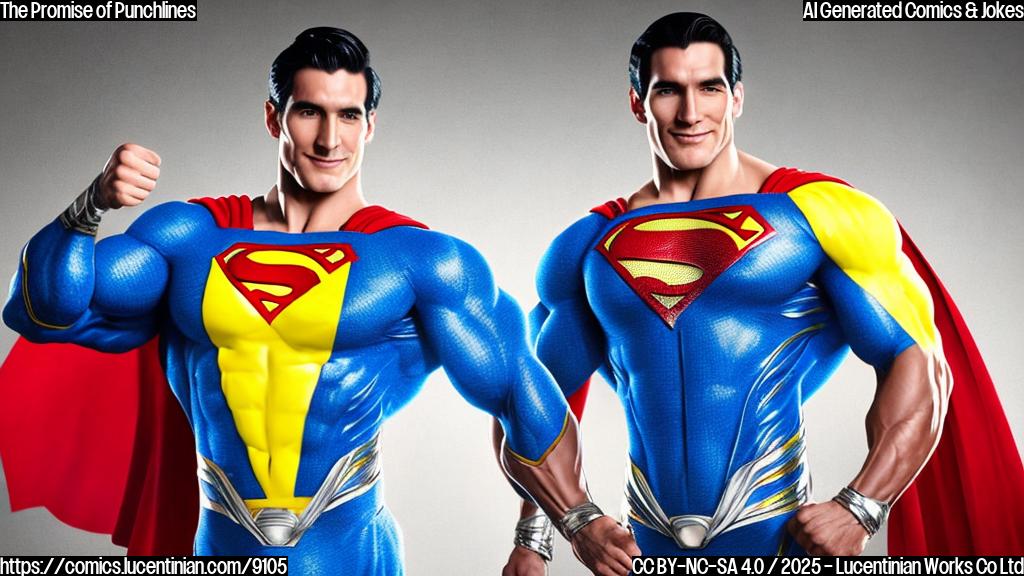 A muscular superhero with bright blue skin and yellow accents works out in a high-tech gym alongside Superman, who is flexing his iconic red cape. The superhero, wearing a suit with silver accents on his chest, gives a thumbs-up to the camera as he lifts weights.